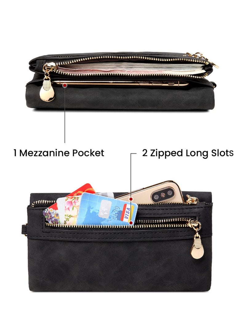 Soft Leather Women's Wallet, Large Capacity Ladies Purse with Multiple Card Slots, Zipper Clutch Bag with Wristlet, Black