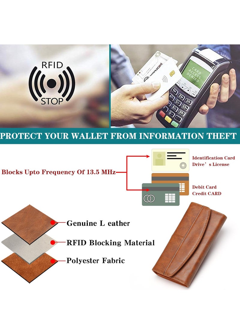 Leather Women's RFID Blocking Wallet, Long Clutch Bag with Multiple Card Slots, Large Capacity for Phone, Zipper Coin Pocket, Brown
