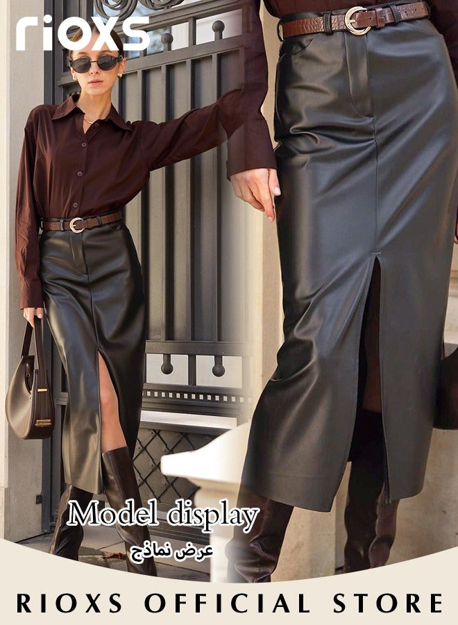 Women's Casual Classic Bodycon Pencil Skirt Slim Split Straight Leather Skirt High Waist Mid-Length Skirt