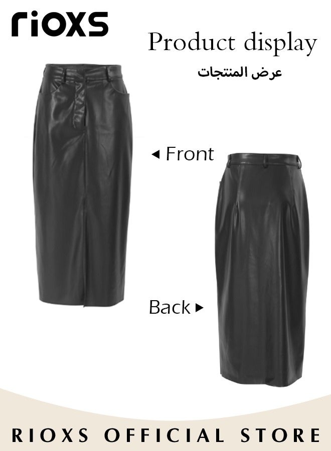 Women's Casual Classic Bodycon Pencil Skirt Slim Split Straight Leather Skirt High Waist Mid-Length Skirt