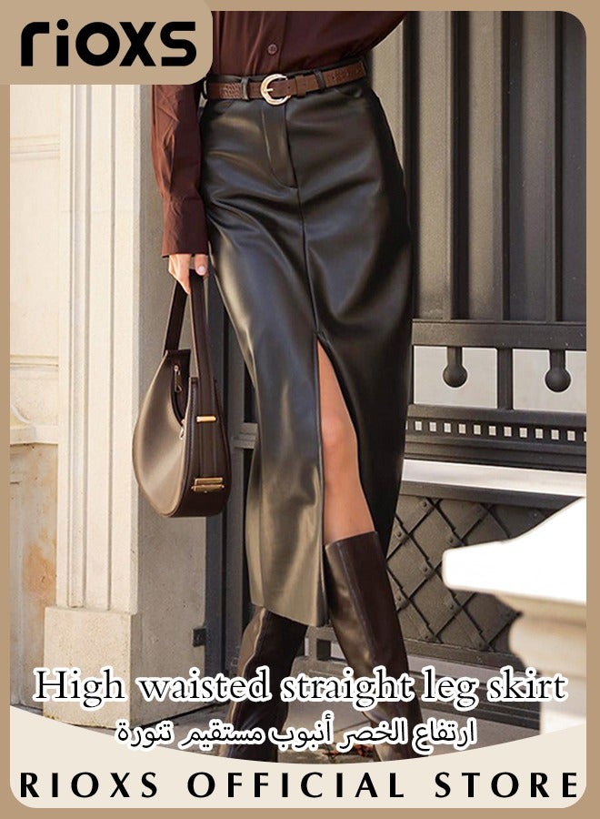 Women's Casual Classic Bodycon Pencil Skirt Slim Split Straight Leather Skirt High Waist Mid-Length Skirt