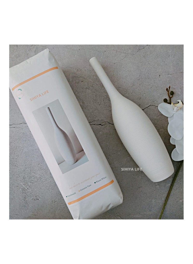Warm White Tall Embossed Line Ceramic Vase | for Flower Arrangements, Elegant Home Décor, Gifting (D)