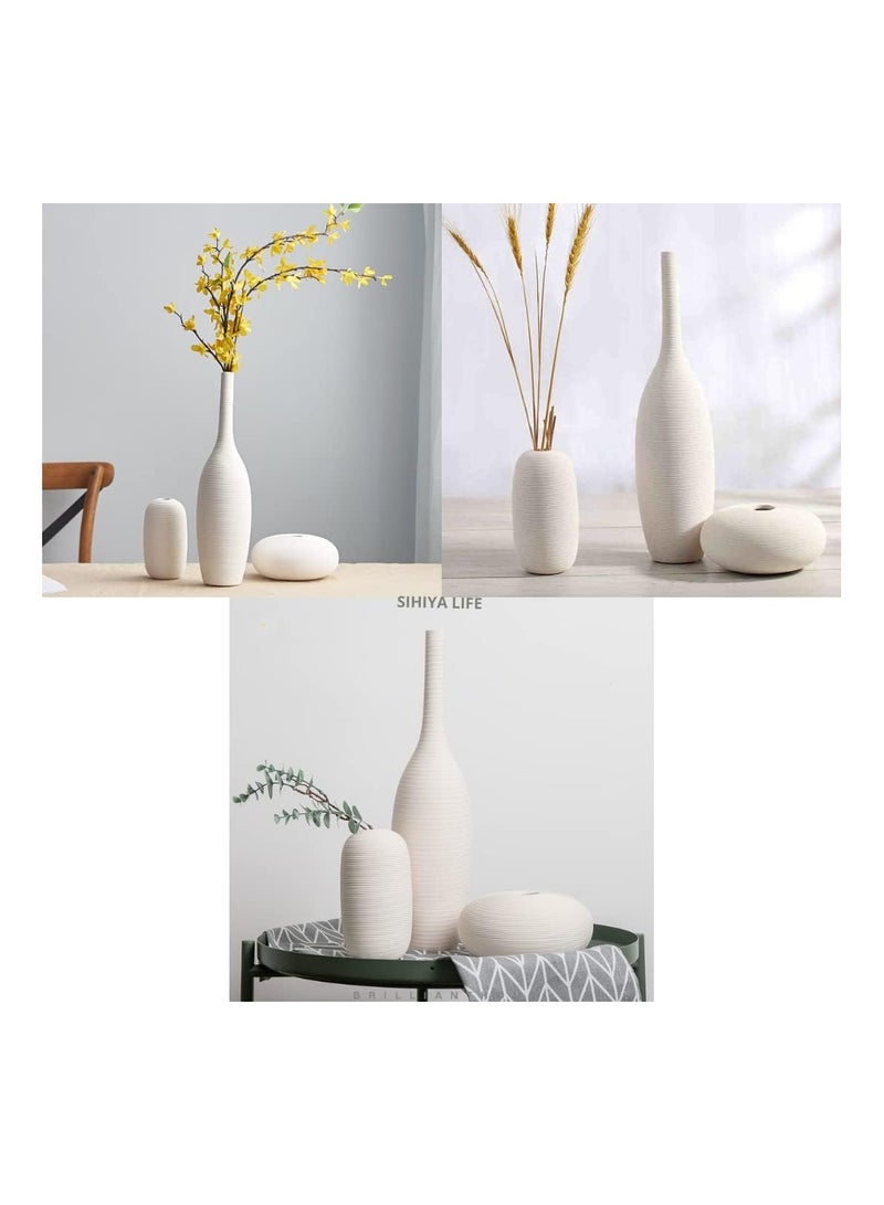 Warm White Tall Embossed Line Ceramic Vase | for Flower Arrangements, Elegant Home Décor, Gifting (D)