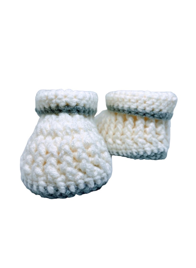 Braided Baby Booties White with Grey Border 4.5 inch sole for 3 to 6 months baby feet