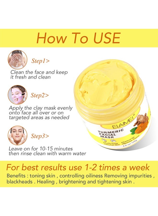 Turmeric Face Mask, Hydrating Cleansing Blackheads, Skin lightening Care Brighten, Turmeric Clay Mask For Controlling Acne, Oil And Refining Pores, Reduce Blackheads Ance, Dark Spots And Radiant Skin
