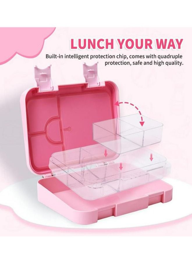 Children's Bento Lunch Box with 6 Compartments - Leak Proof Lunch Box for Boys，Girls，BPA-Free，Microwave Dishwasher Safe，Lunch Box for School (Pink)