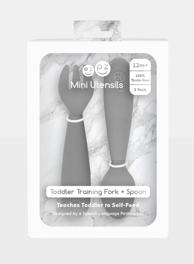 Baby Mini Fork And Spoon Set, Kids Cutlery Set With Case - 12M+ - Grey