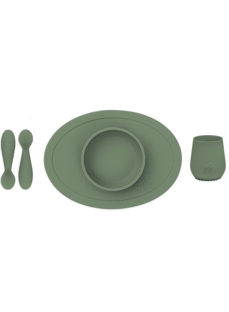 First Food Set - 100% Silicone Baby Feeding Set With Built-In Placemat, Training Cup And Spoons For First Foods + Baby Led Weaning - 4 Months+ - Olive