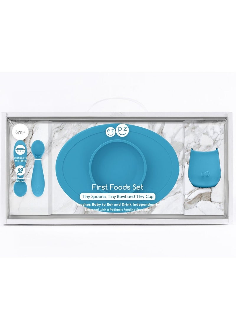 First Food Set - 100% Silicone Baby Feeding Set With Built-In Placemat, Training Cup And Spoons For First Foods + Baby Led Weaning - 4 Months+ - Blue