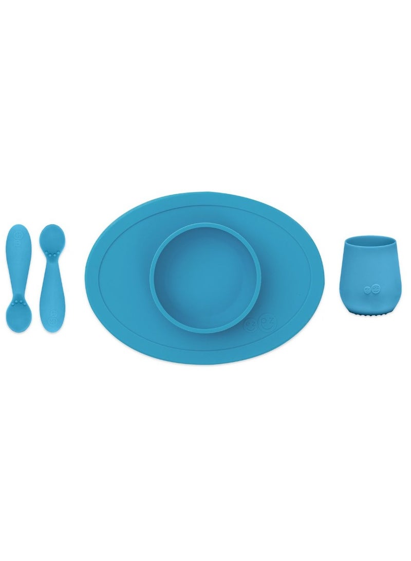 First Food Set - 100% Silicone Baby Feeding Set With Built-In Placemat, Training Cup And Spoons For First Foods + Baby Led Weaning - 4 Months+ - Blue