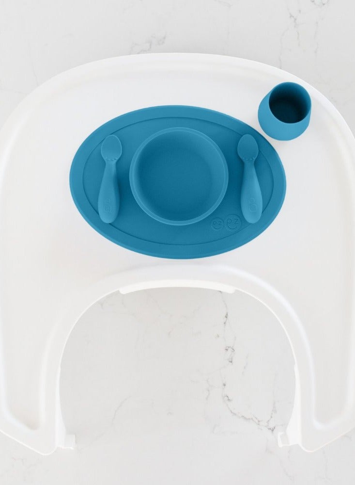 First Food Set - 100% Silicone Baby Feeding Set With Built-In Placemat, Training Cup And Spoons For First Foods + Baby Led Weaning - 4 Months+ - Blue