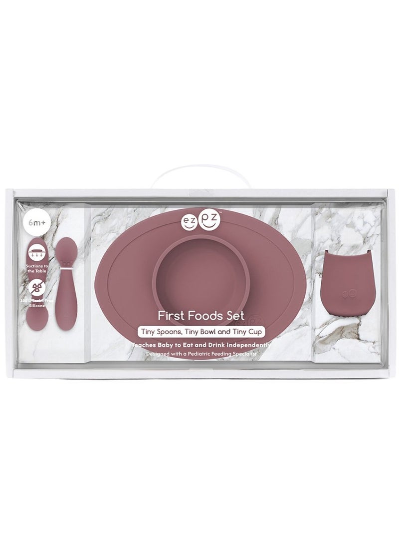 First Food Set - 100% Silicone Baby Feeding Set With Built-In Placemat, Training Cup And Spoons For First Foods + Baby Led Weaning - 4 Months+ - Mauve