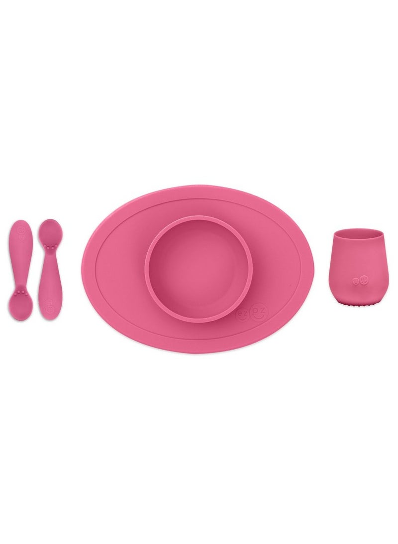 First Food Set - 100% Silicone Baby Feeding Set With Built-In Placemat, Training Cup And Spoons For First Foods + Baby Led Weaning - 4 Months+ - Pink