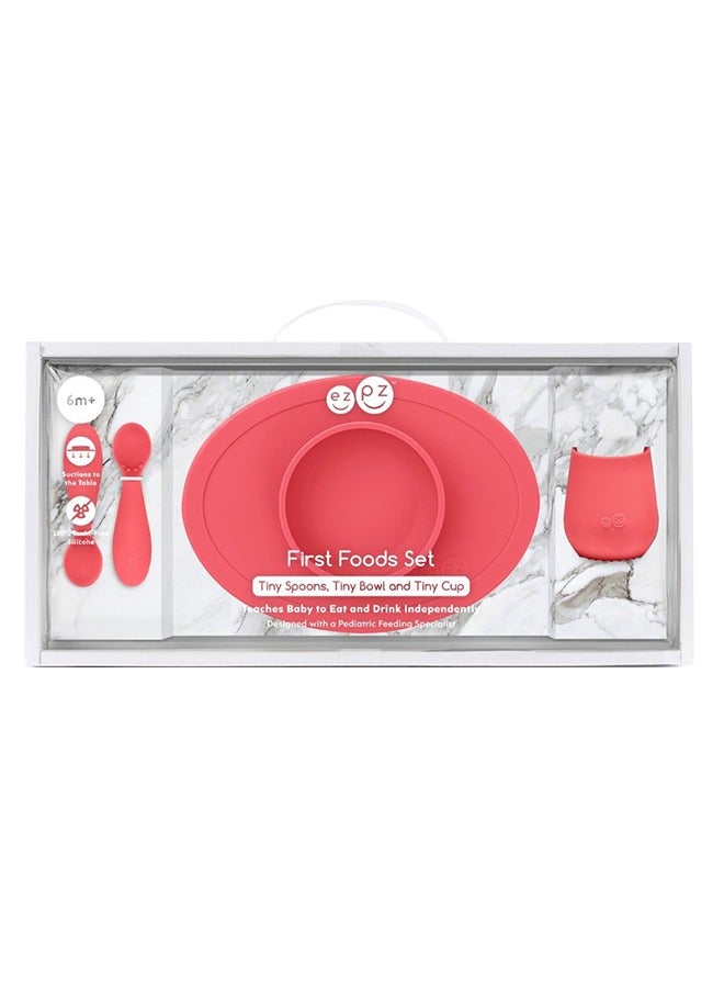 First Food Set - 100% Silicone Baby Feeding Set With Built-In Placemat, Training Cup And Spoons For First Foods + Baby Led Weaning - 4 Months+ - Coral
