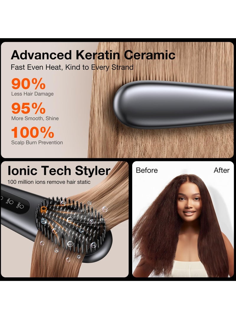 Cordless Hair Straightener Brush, 6400 mAh USB Rechargeable, Lightweight Mini Portable Straightening Comb for Travel Home Outdoor, 100M+ Negative Ions Hot Brush