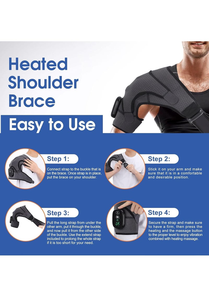 Heated Shoulder Wrap with Vibration, Cordless Heating Pad, Massage Braces for Left Right Shoulder, 3 Vibration and Temperature Settings, LED Display