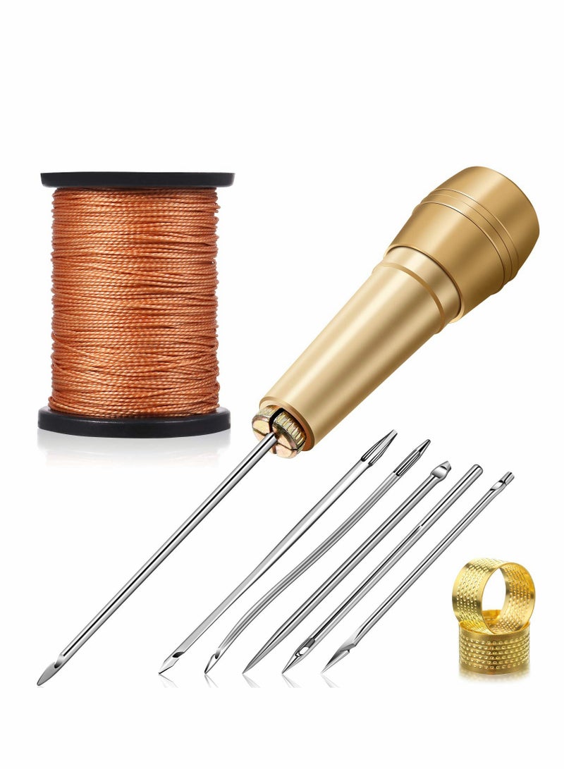 Canvas Leather Sewing Awl Needle with Copper Handle, 50 m Nylon Cord Thread and 2 Pieces Thimble for Handmade Leather Sewing Tools Shoe and Leather Repair, 6 Pieces