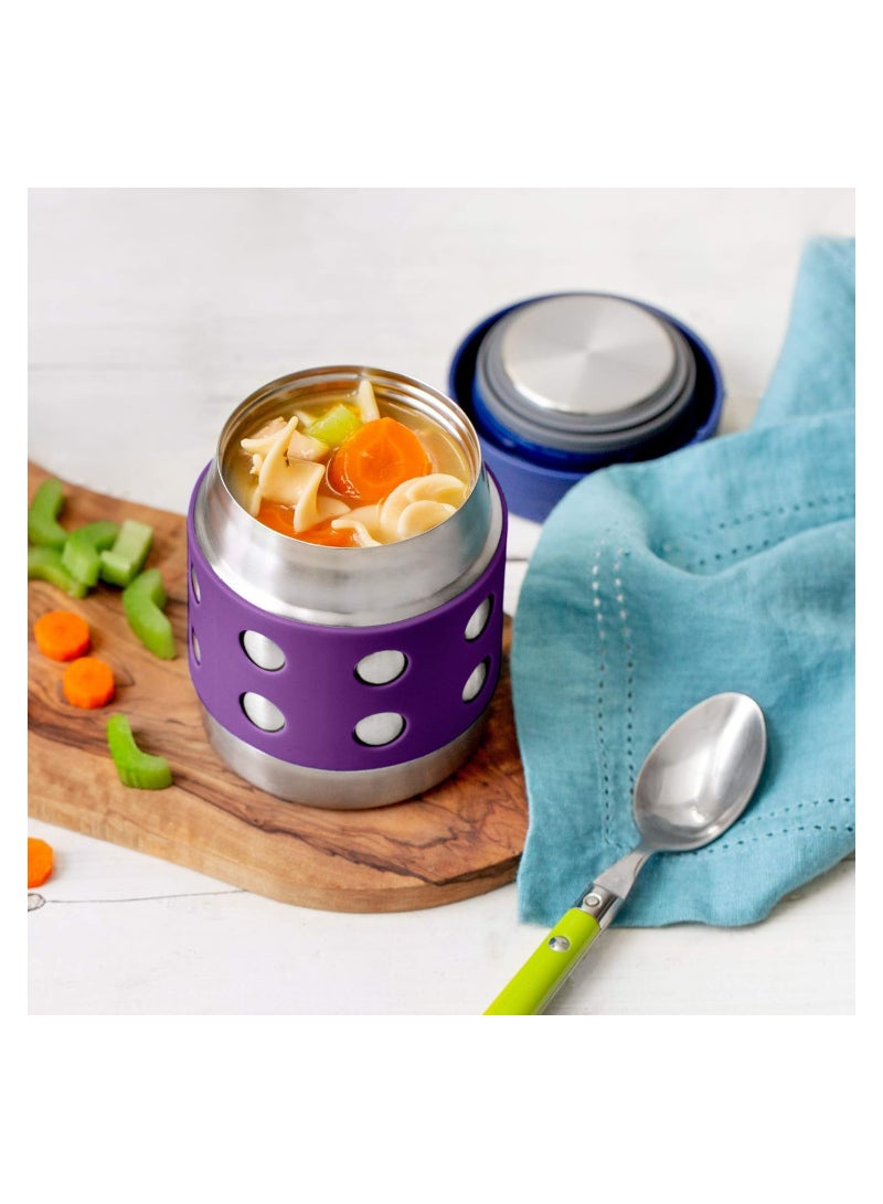 Thermal 8 oz Triple Insulated Food Container - Hot 6 Hours or Cold 12 Hours - Leak Proof Thermos Soup Jar - All Stainless Interior - Navy Lid - Purple Dots