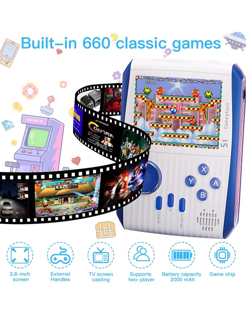 Retro Handheld Games Mini Video Games Console 3.0'' LCD Screen Retro Handheld with Rechargeable Battery Support 2 Players and TV Handle Connection Birthday for Boys Girls and Adults White