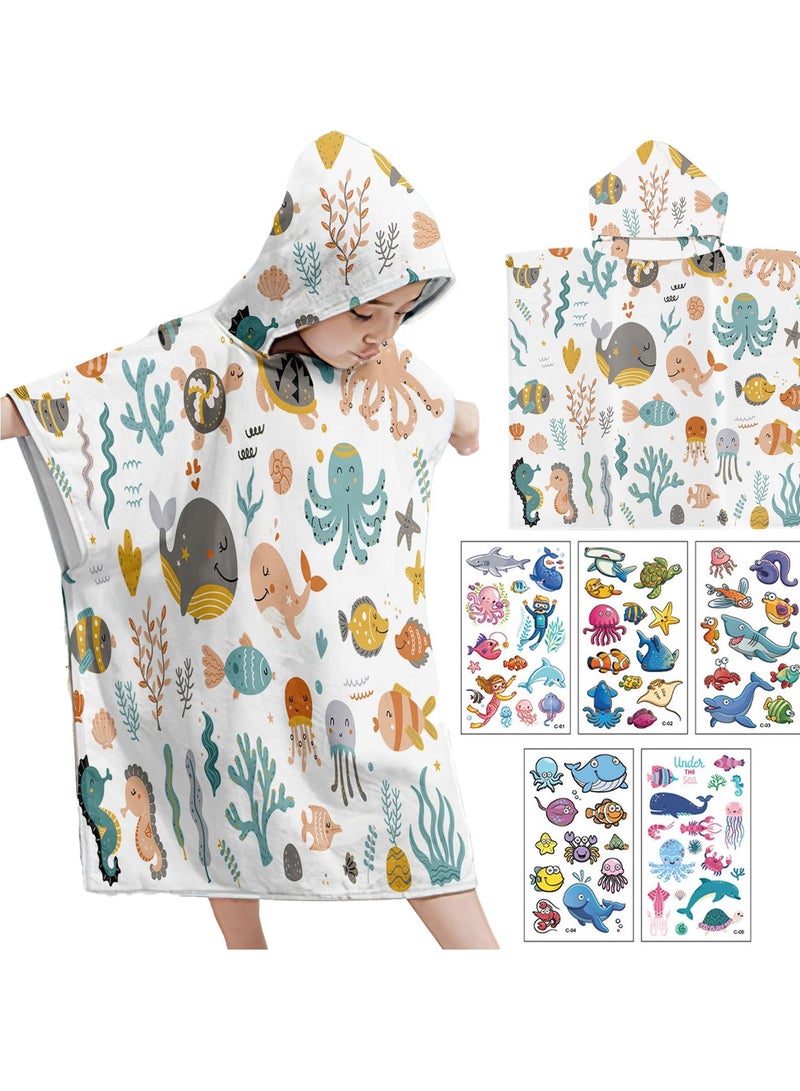 Kids Hooded Towel for Boys and Girls Soft and Absorbent Beach Towel with Underwater World Tattoo Stickers 75*65cm Soft Cotton Terry Hooded Towel Microfiber Absorbent Soft Bath Towel Whale