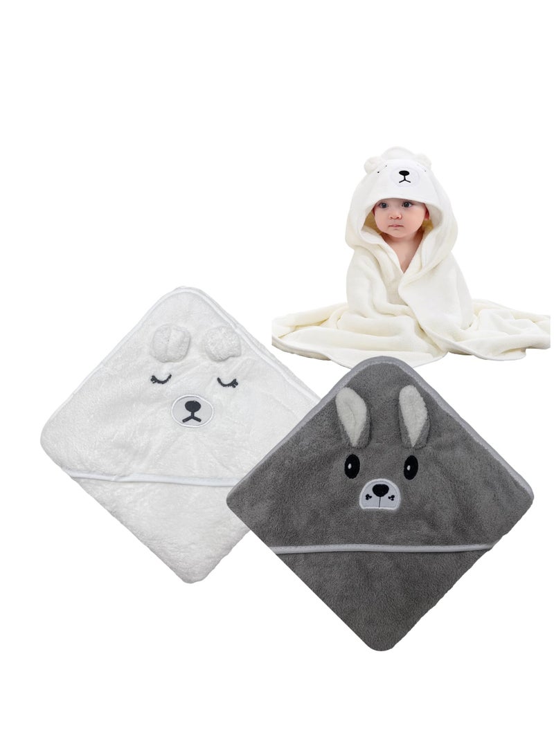 Hooded Baby Towel for Newborn, 2 Pack Soft Bath Towels for Babie, and Infant, Stuff Towels for Boy and Girl Toddler Essentials (Gray Bear, White Bear)