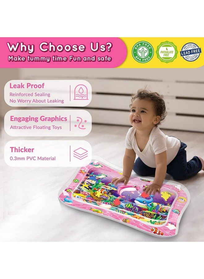 Tummy Time Play Mat For Babies (Size 26”X20”) Leak Proof Water Crawling Inflatable Mat With 5 Floating Toys For 3 4 5 6 7 8 9 10 Months Newborn Toddlers & Kids (Multicolorpink)