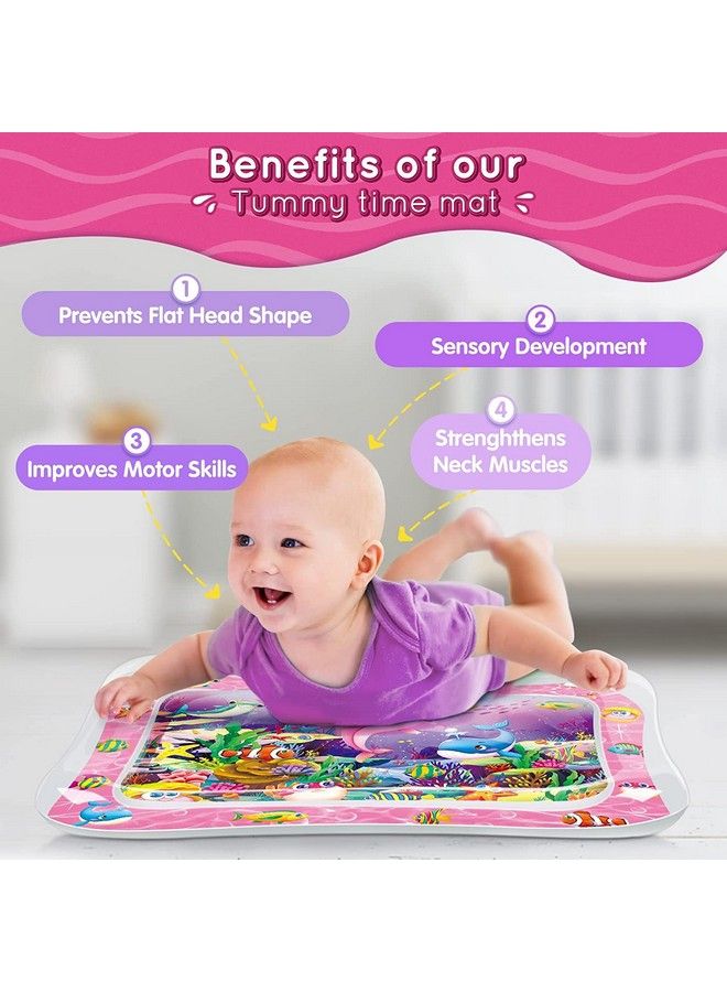 Tummy Time Play Mat For Babies (Size 26”X20”) Leak Proof Water Crawling Inflatable Mat With 5 Floating Toys For 3 4 5 6 7 8 9 10 Months Newborn Toddlers & Kids (Multicolorpink)