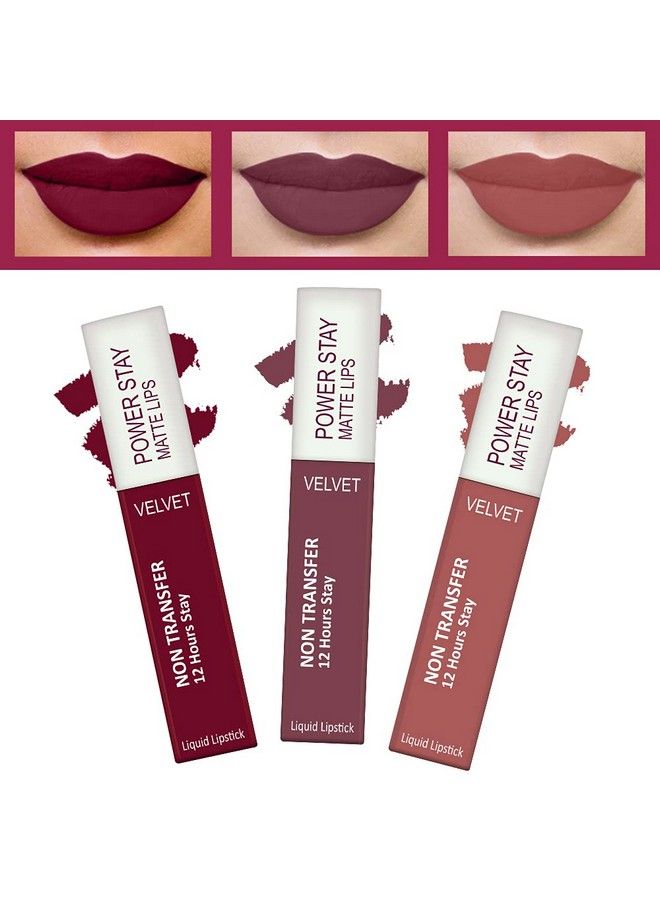 Power Stay Long Last Matte Lipstick Combo Of 3 Waterproof (12 Hrs Stay) (Bridal Maroon Mauve Matte Sandy Nude Pack Of 3)