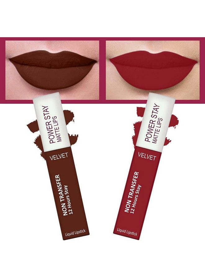 Power Stay Long Last Matte Lipstick Combo Of 2 Waterproof (12 Hrs Stay) (Cocoa Brown Peppy Red Pack Of 2)