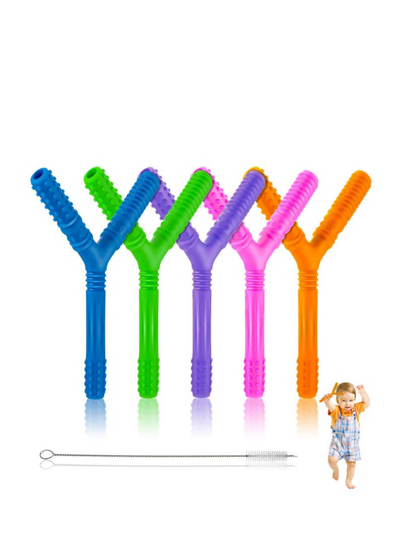 5 Pieces Hollow Teether Tube Teething Toys Y Shape Toddler teether Silicone Molar Teether Soft Baby Teething Straw with 3 Pieces Cleaning Brushes for 6-12 Months Baby Chewing Teeth Grinding