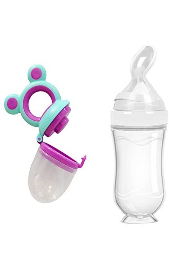 Baby Food Grade Silicone Squeezy Spoon Feeding Bottle For Feeding Solid And Semi Solid Ceralac Food Feeder Bpa Free With Baby Rattle Fresh Fruit Vegetable Soother Pacifier Teether (Design 219)