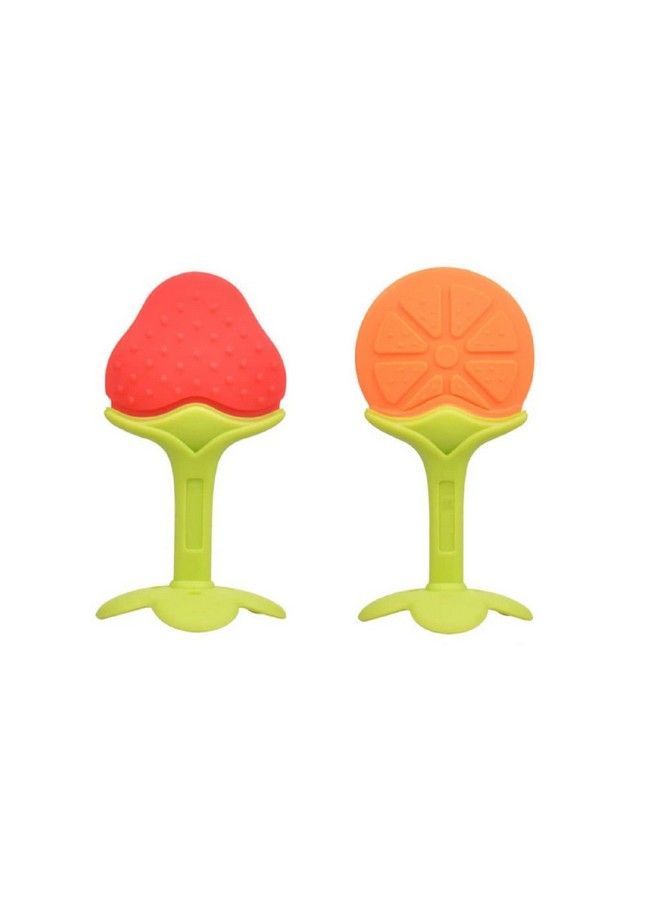 Fruit Shape Silicone Teether Teething Toys For Baby Textured Molar Teeth Soother Massage; Infants Dental Care Baby Teether (Orangestrawberry Pack Of 2)