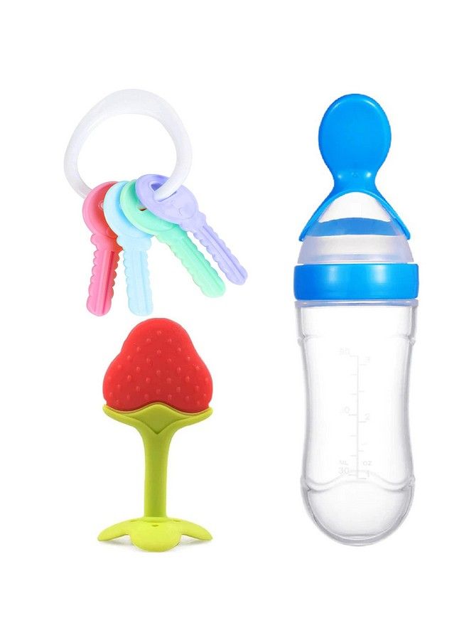 Baby Soft Silicone Fruit Shaped Teether Teething Toys With Key Shaped Teether And Baby Silicone Spoon Feeding Bottle Feeder (Design 104)