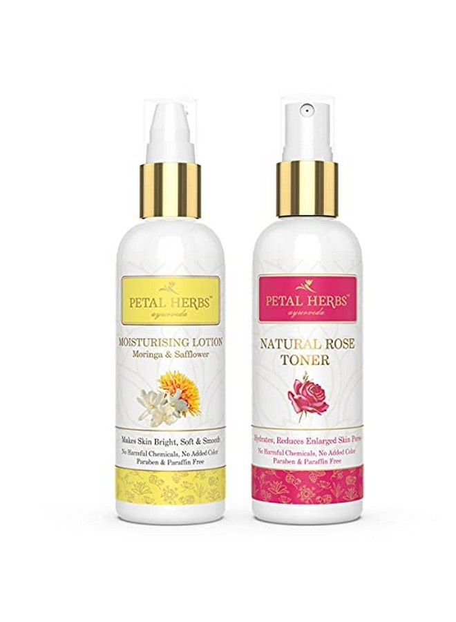 100Ml Moringa & Safflower Moisturizing Lotion To Reduce Skin Damage And Lighten The Dark Spots + 100Ml Natural Rose Toner To Reduce Enlarged Skin Pores Silicon Paraben Paraffin Free Pack Of 2