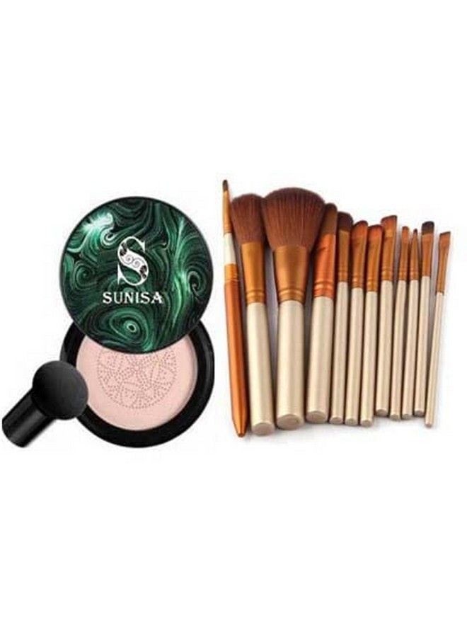 1 Bb Cc Cream Foundation With 1 Mushroom Head Air Cushion 20G And 12 Pcs Brown Makeup Brushes Set (Pack Of 14)