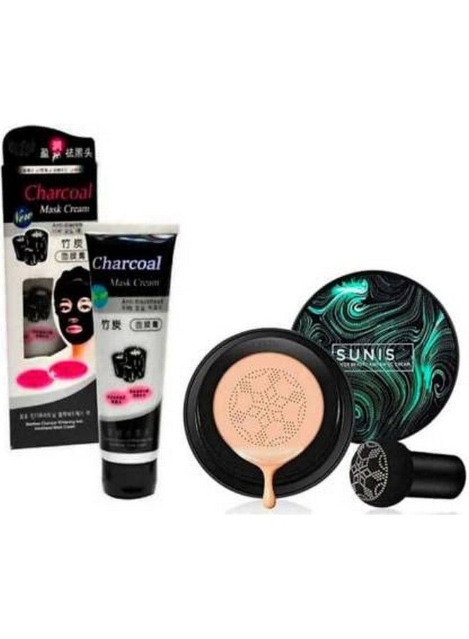 Bb And Cc Cream Natural Foundation With Mushroom Head Air Cushion 20G And 1 Charcoal Peel Off Mask Pack Of 2 Natural Finish