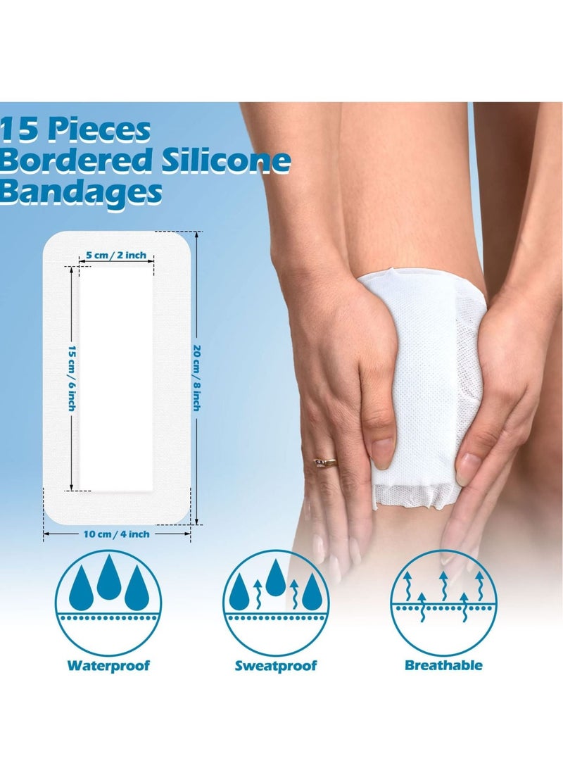 15 Pieces Gauze Island Dressing with Border Wound Bandage Sterile Adhesive Gauze Pad Patch Waterproof Breathable Border Individual Pouch Tape (10 X 20 cm)
