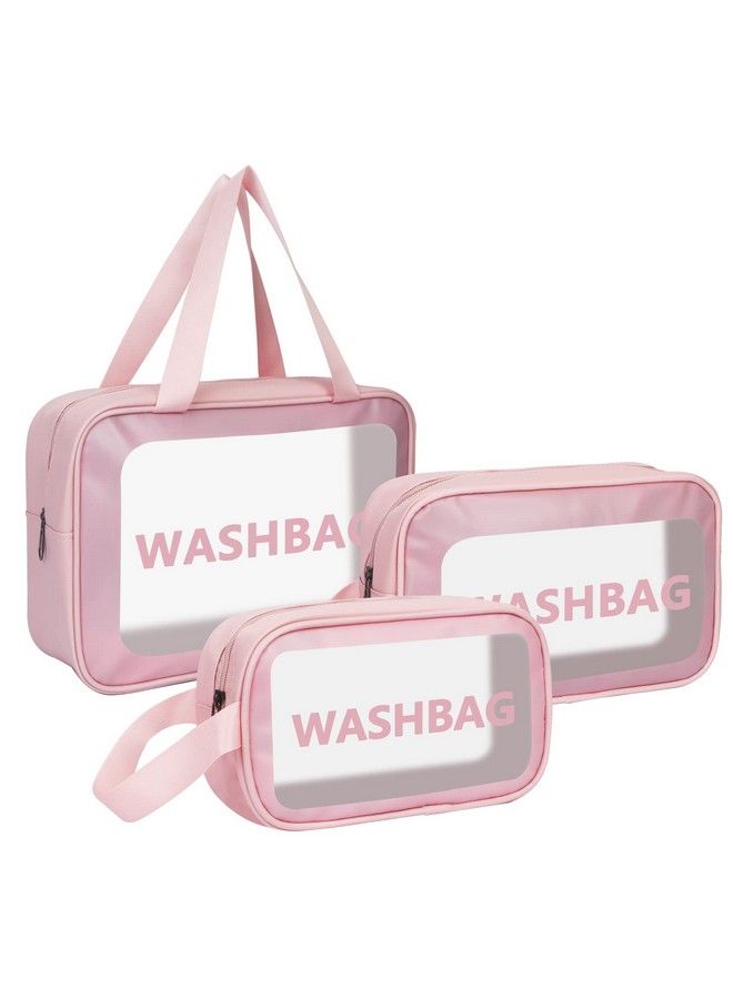 Clear Makeup Pouch Set Cosmetic Organizer Bag For Women And Girls Travel Waterproof Toiletry Storage Kit (3Pcs Pink)