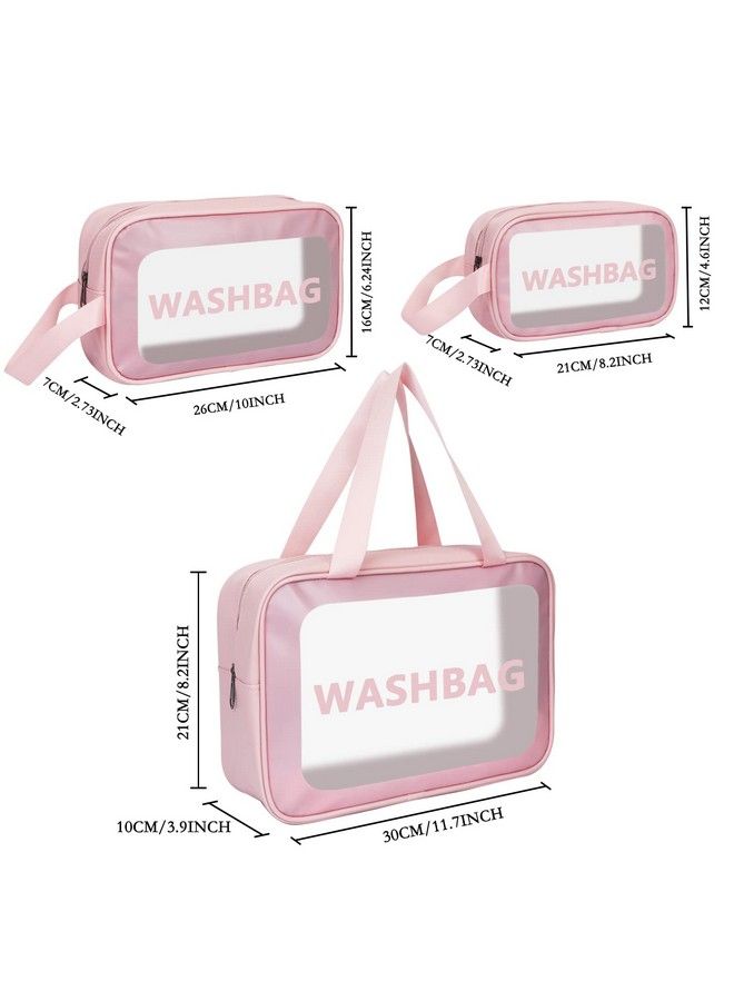 Clear Makeup Pouch Set Cosmetic Organizer Bag For Women And Girls Travel Waterproof Toiletry Storage Kit (3Pcs Pink)