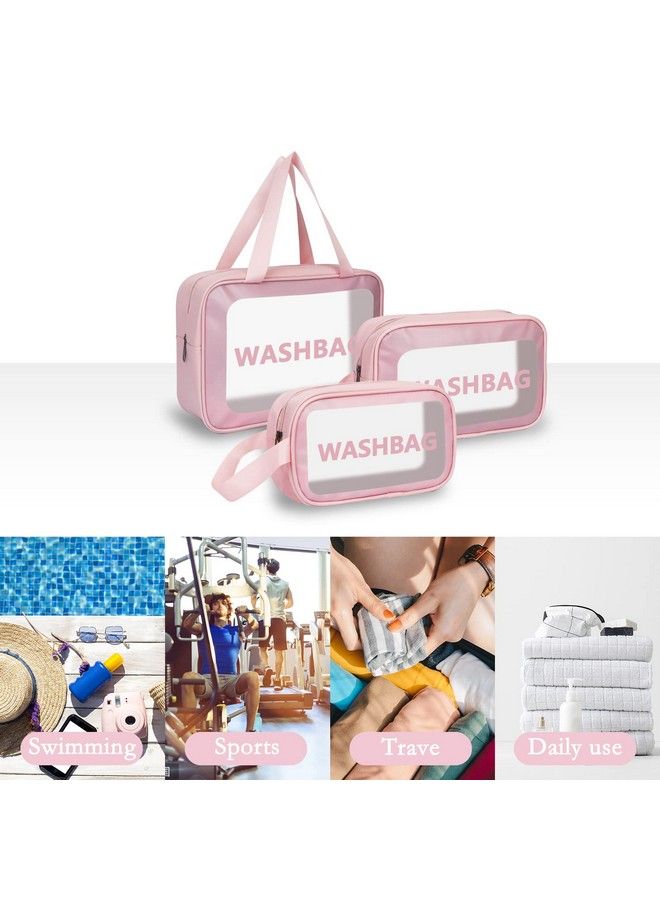 Clear Makeup Pouch Set Cosmetic Organizer Bag For Women And Girls Travel Waterproof Toiletry Storage Kit (3Pcs Pink)