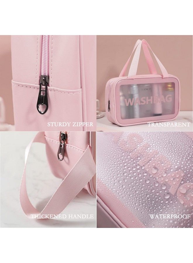 Clear Makeup Pouch Set Cosmetic Organizer Bag For Women And Girls Travel Waterproof Toiletry Storage Kit (3Pcs Pink)