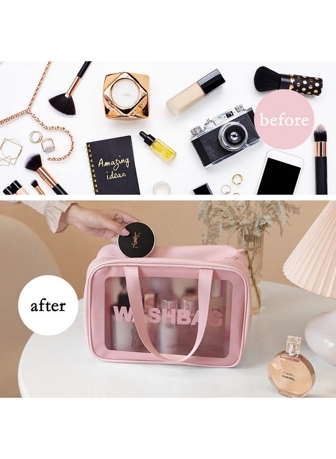 Clear Makeup Pouch Set Cosmetic Organizer Bag For Women And Girls Travel Waterproof Toiletry Storage Kit (3Pcs Pink)