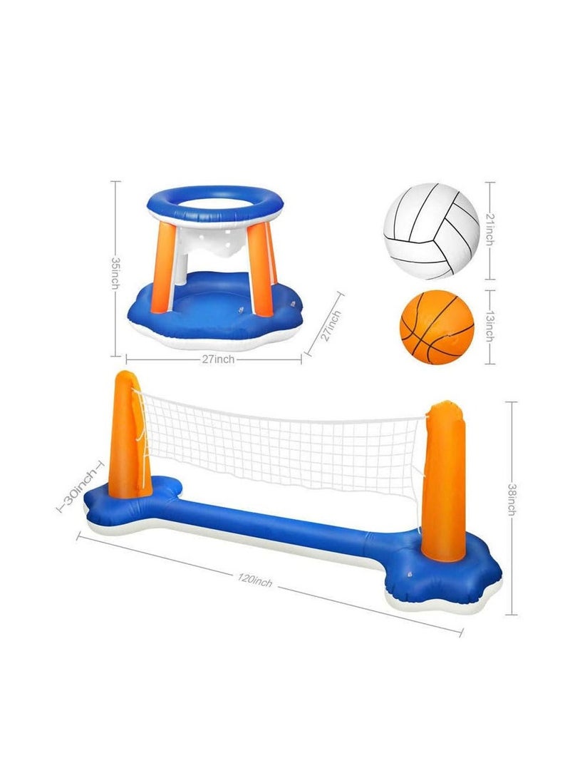 4 Pieces Inflatable Volleyball Net & Basketball Hoops Pool Float Set with Inflatable Volleyball and Basketball Summer Pool Toys for Adults Family Pool Game