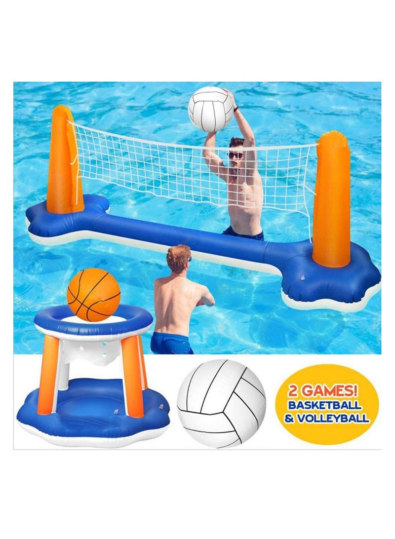 4 Pieces Inflatable Volleyball Net & Basketball Hoops Pool Float Set with Inflatable Volleyball and Basketball Summer Pool Toys for Adults Family Pool Game