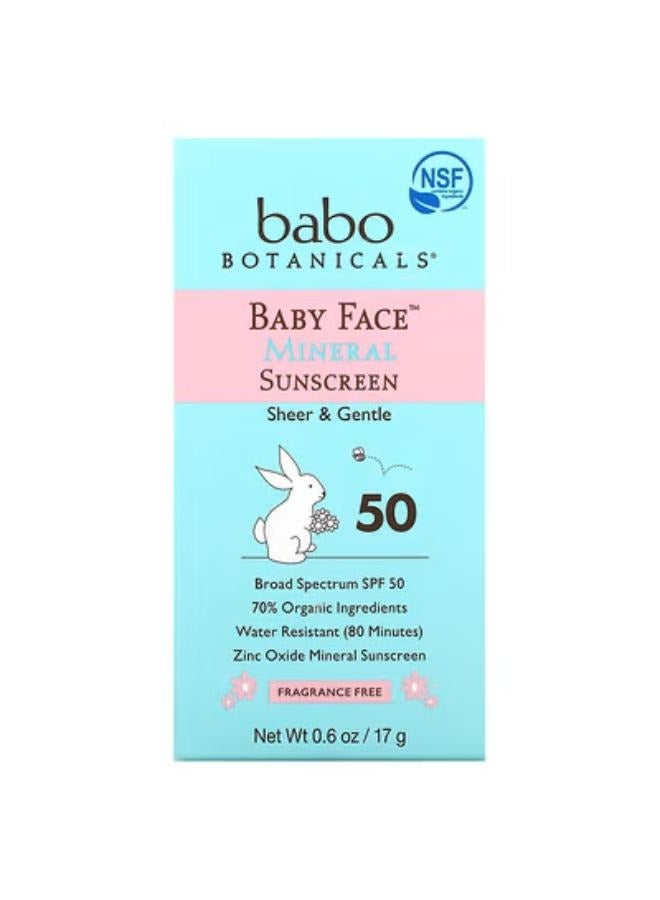 Baby Face, Mineral Sunscreen Stick, SPF 50, Fragrance Free, 0.6 oz (17 g)