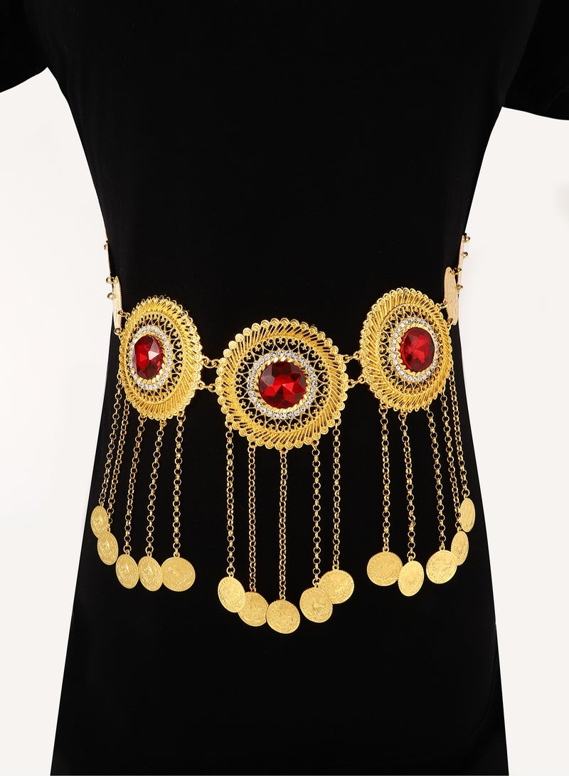 MANDI retro light luxury red stone rhinestone inlaid tassel gold-plated pendant necklace is suitable for women's daily wear during festivals