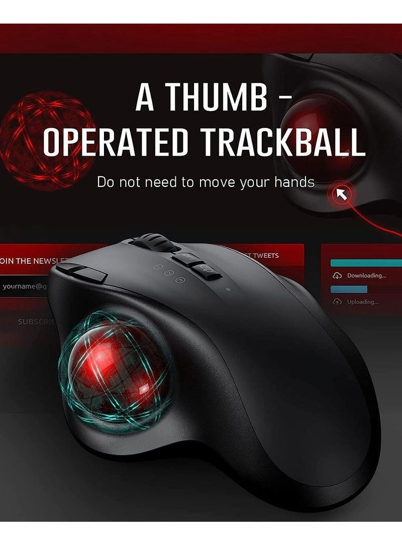 Wireless Trackball Mouse - 2.4G USB + Dual Bluetooth Rollerball Mouse, Easy Thumb Control, Rechargeable Ergonomic Trackball Mice for MacBook, Laptop, PC, iPad, Windows, Android, iOS (Black)