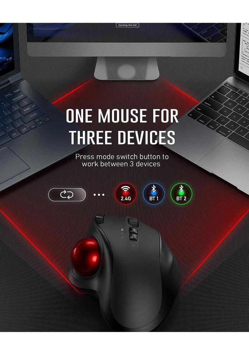 Wireless Trackball Mouse - 2.4G USB + Dual Bluetooth Rollerball Mouse, Easy Thumb Control, Rechargeable Ergonomic Trackball Mice for MacBook, Laptop, PC, iPad, Windows, Android, iOS (Black)
