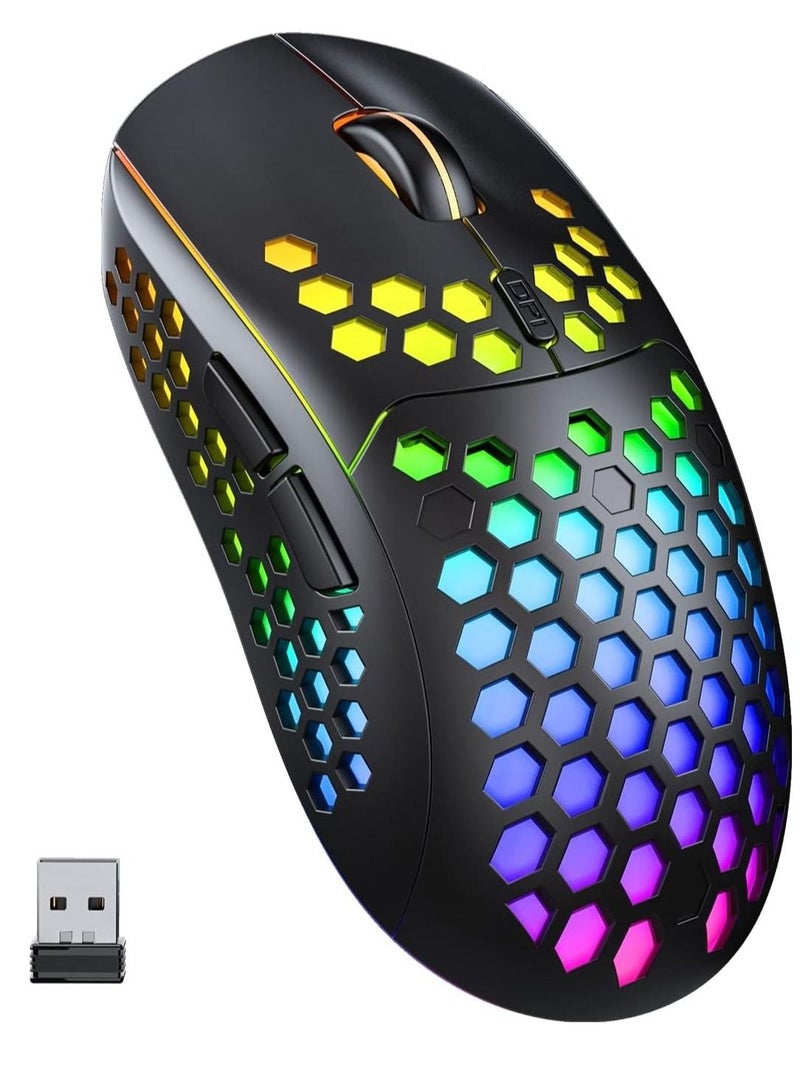Lightweight Wireless Gaming Mouse, WM-08 Rechargeable Computer Mouse with Honeycomb Shell, 11 Led Light Modes, 4 Adjustable DPI, 2.4GHz Wireless RGB Mouse