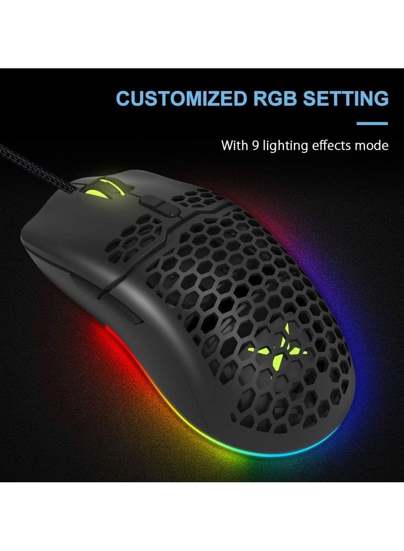 Wired Lightweight Gaming Mouse with 7200DPI 1000Hz Polling Rate RGB Backlit